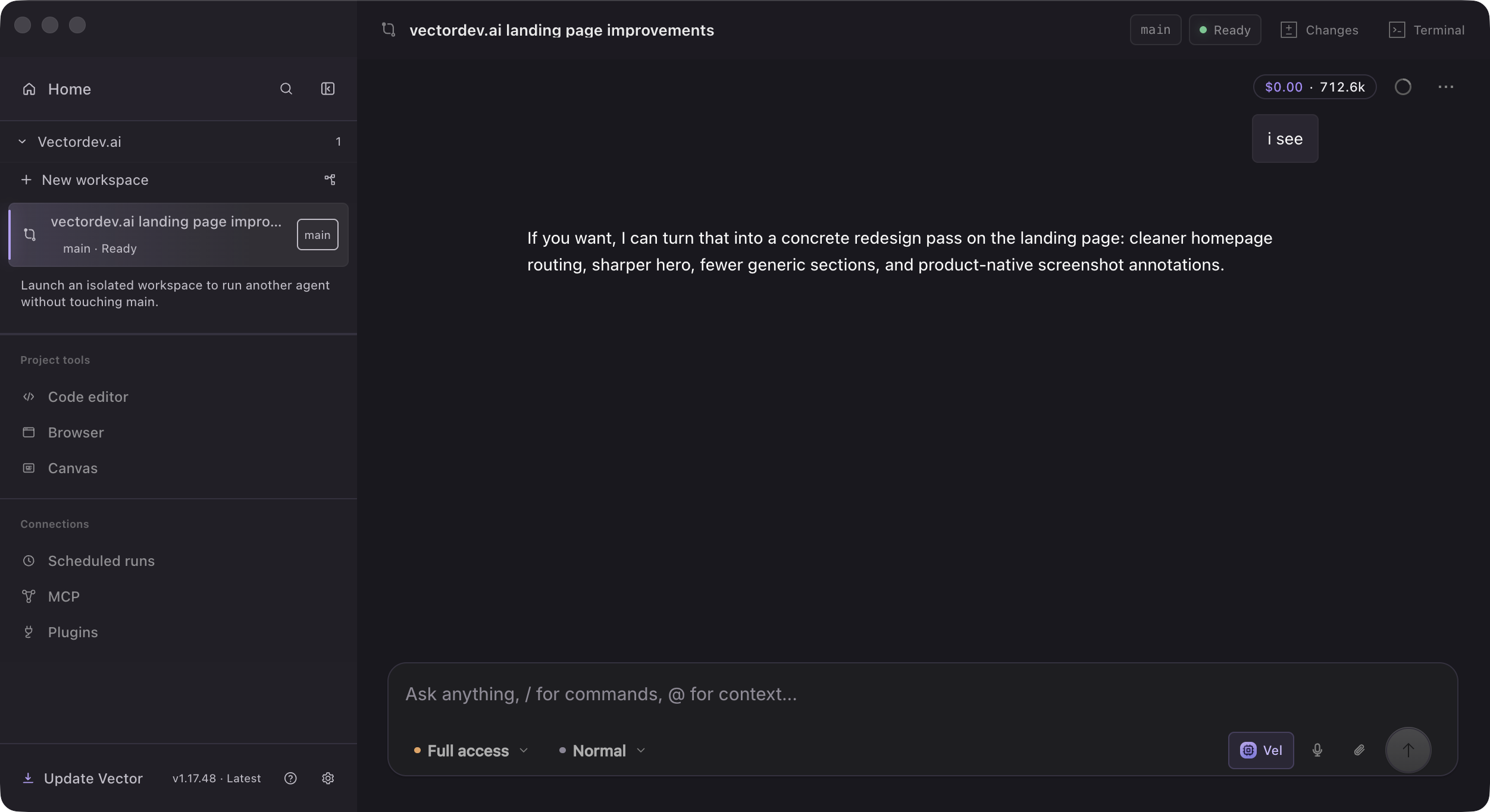 Vector open on a local repository, with the code editor, browser, Canvas, scheduled runs, MCP and plugins in the sidebar