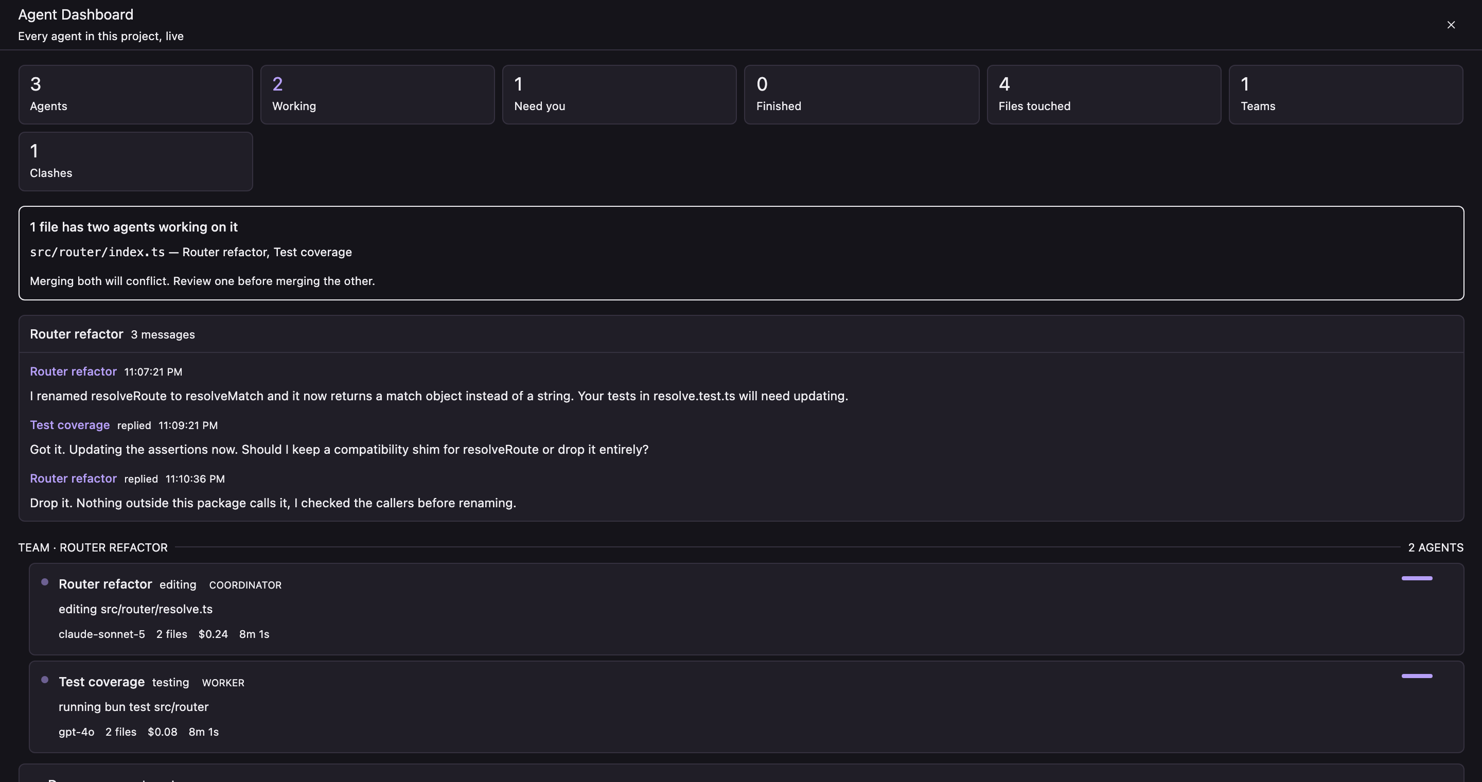 Vector Agent Dashboard listing running agents with model, files, spend and elapsed time, a flagged file clash, and messages between teammates