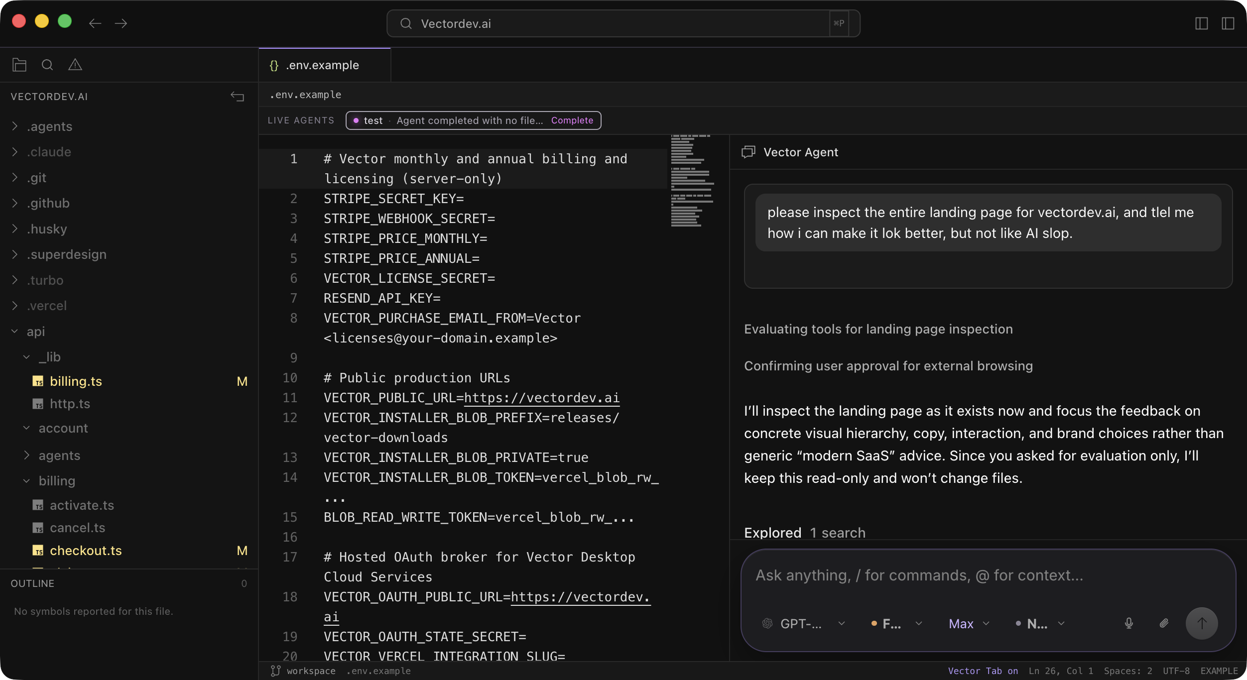 Vector Codespace showing the file tree, search and diagnostics icons, an open file, and the editor agent panel