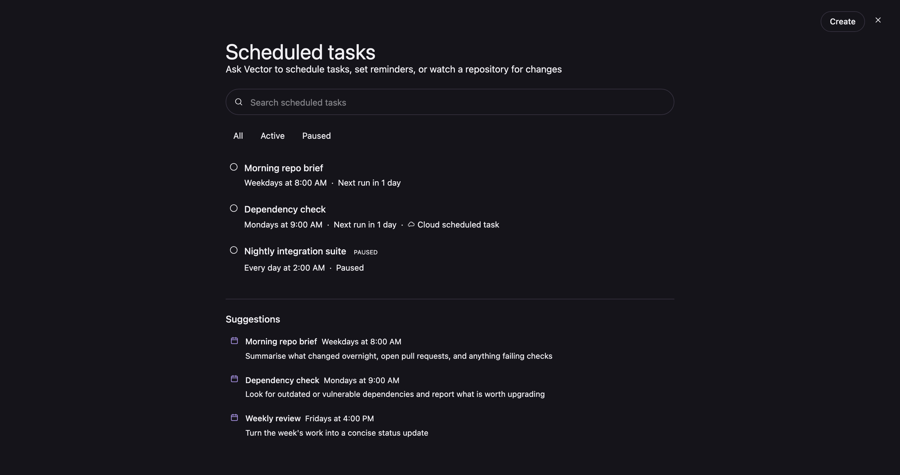 Vector's scheduled tasks panel listing recurring agent runs and when each one next fires